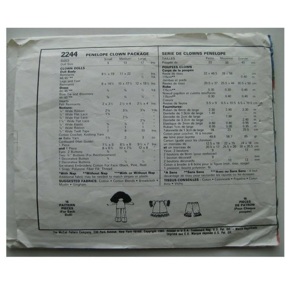 McCall's Craft Pattern 2244 Penelope Clown Package Adorable  in 3 Sizes Uncut - Picture 2 of 3